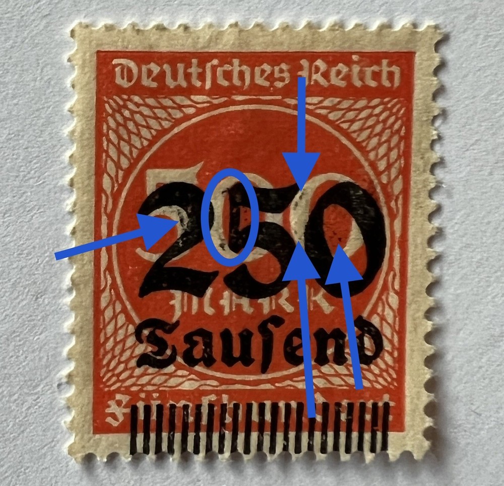 1923 GERMANY STAMP #260 WITH PRINTING ERRORS AND VERICAL SHIFTED SURCHARGE