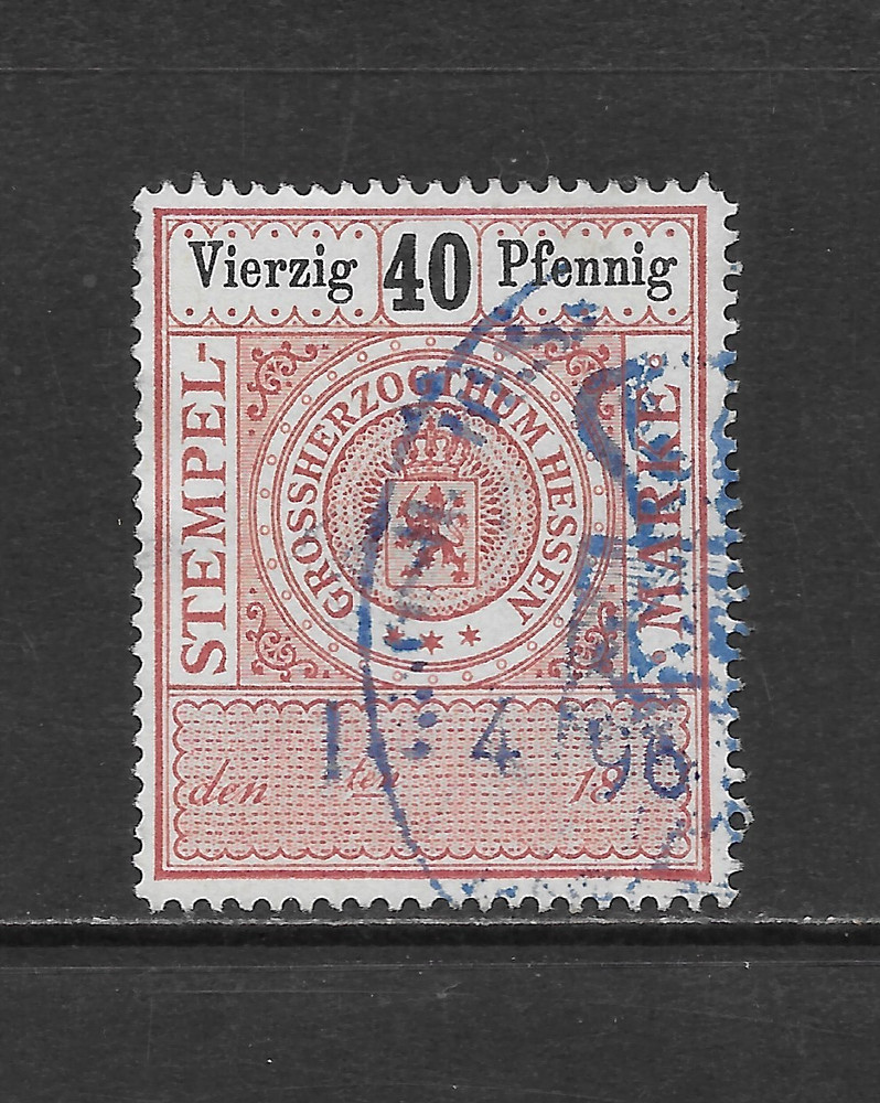 HESSE – 40pf CARMINE & BLACK 1875 – 1889 DOCUMENTARY REVENUE ISSUE