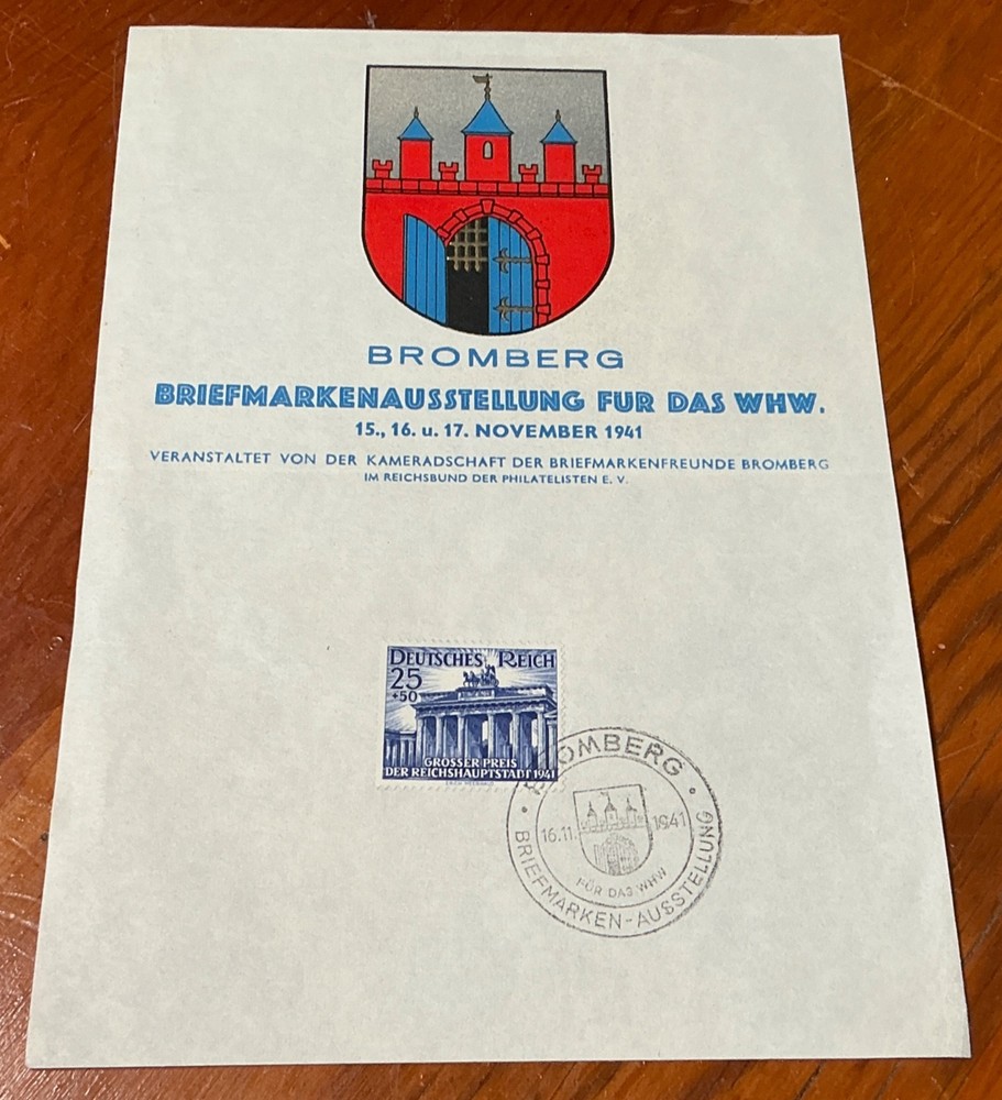 1941 Bromberg Stamp Exhibition WHW Souvenir Card Berlin Brandenburger Tor Cancel