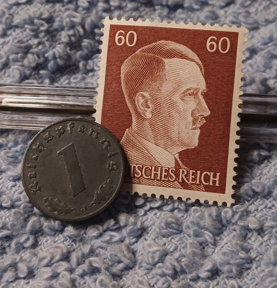1941 German penny ~ 1 Pfenning ~ km#97 , WW2 Germany ~ + 60 pf. Stamp