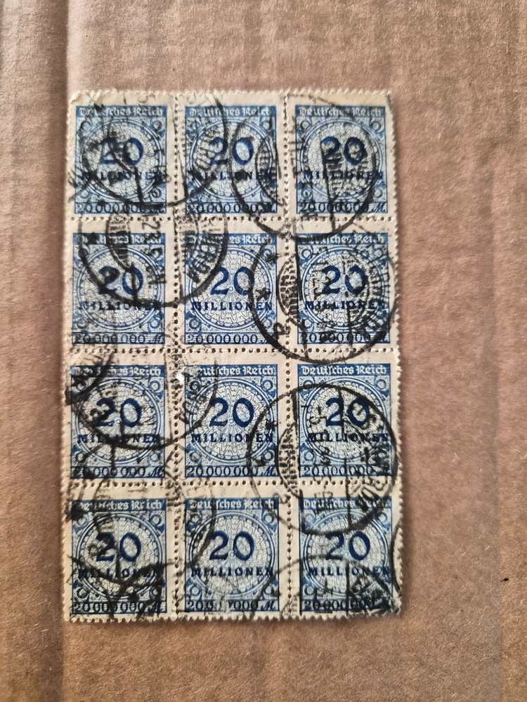 Germany 12 Stamp block. Deutsches Reich 20 Million hyperinflation Mi# 319 SG#334