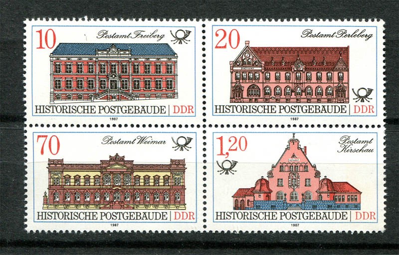 Germany – DDR : Historic Post offices block of 4 from 1987 – mint NH