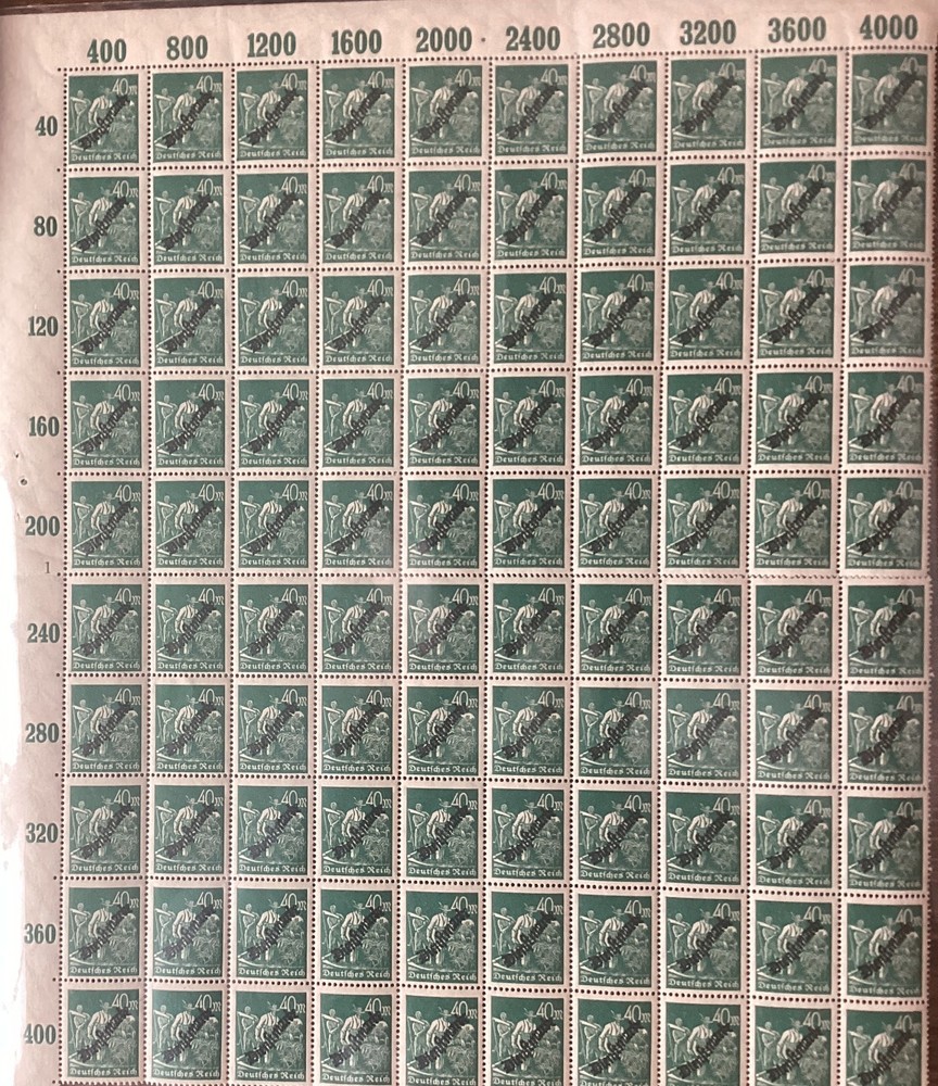 Germany 40 Mark Worker Full Sheet MNH Overprint Inflation Era Deutsches Reich