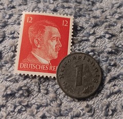 1942 German penny ~ 1 Pfenning ~ km#97 , WW2 Germany ~ + Red 12pf. Stamp