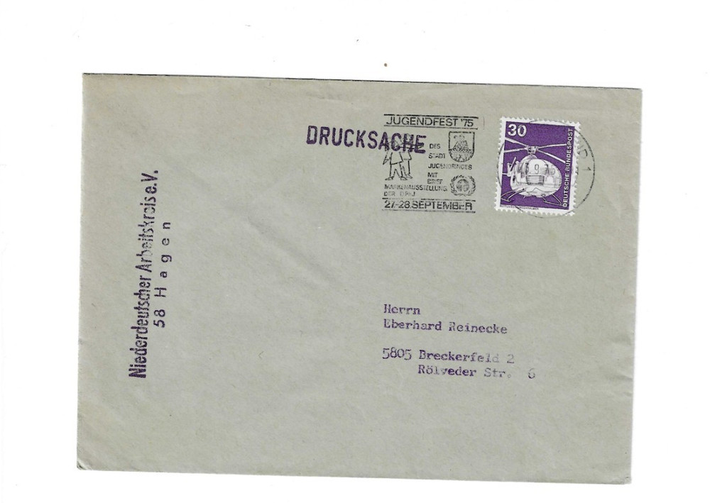 GERMANY 1975 Cover sent to Breckerfeld – Slogan Cancel „Jugendfest ’75“