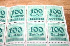 Rare ¼ Sheet of 25 Deutsches Reich (1923) 400 Mark 100 Tausend Overprint Stamps