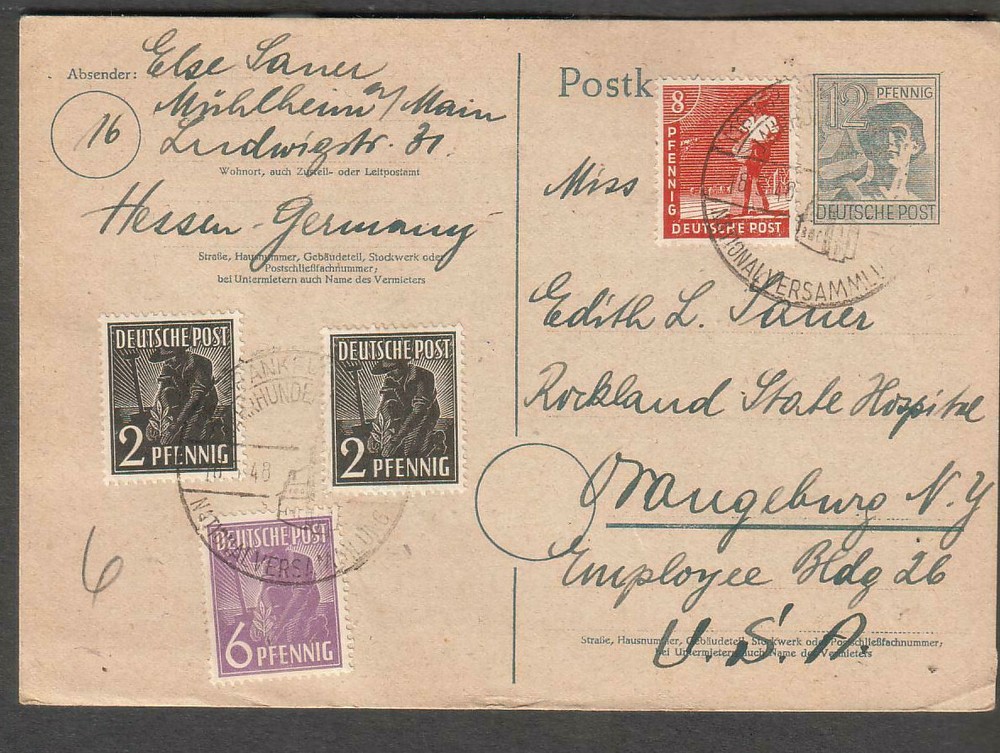 Germany 1948 postal card uprated Frankfurt National Versammulung- Orangeburg NY