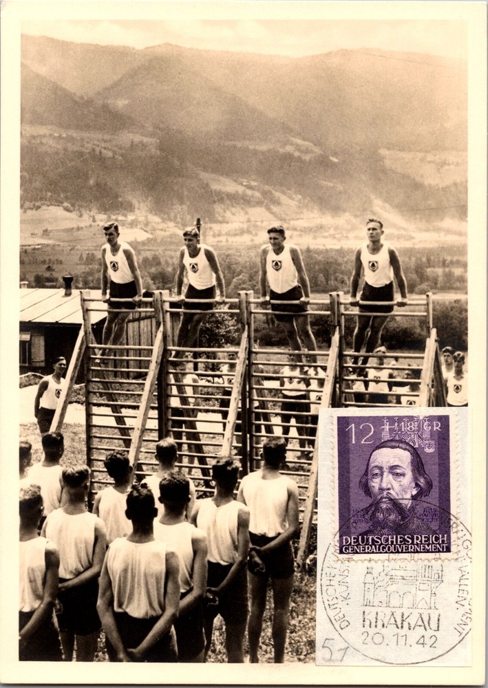 1942 Occupied Poland Krakau GG Labor Camp RP Postcard Exercises on the Wall Bars