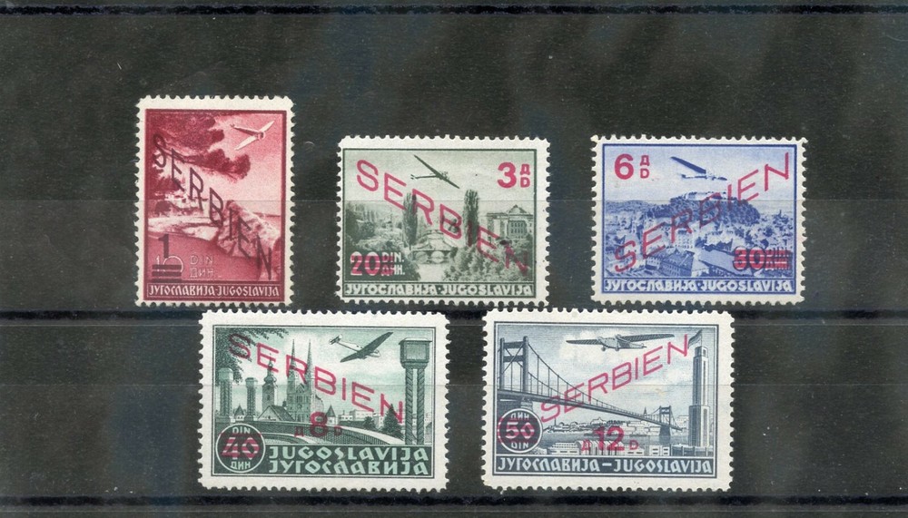GERMAN WWII OCC SERBIA Sc 2NC11-5(MI 26-30)**F-VF NH 1941 SURCH AIRMAIL SET $185