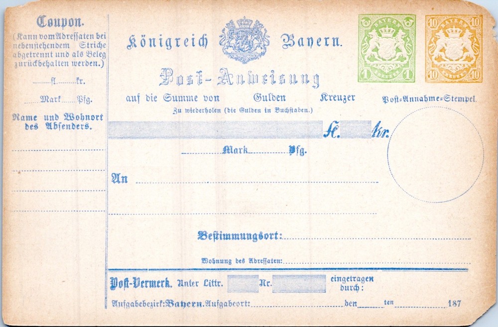 GERMANY 1874 BAYERN POSTAL STATIONERY MONEY ORDER RECEIPT CARD UNUSED