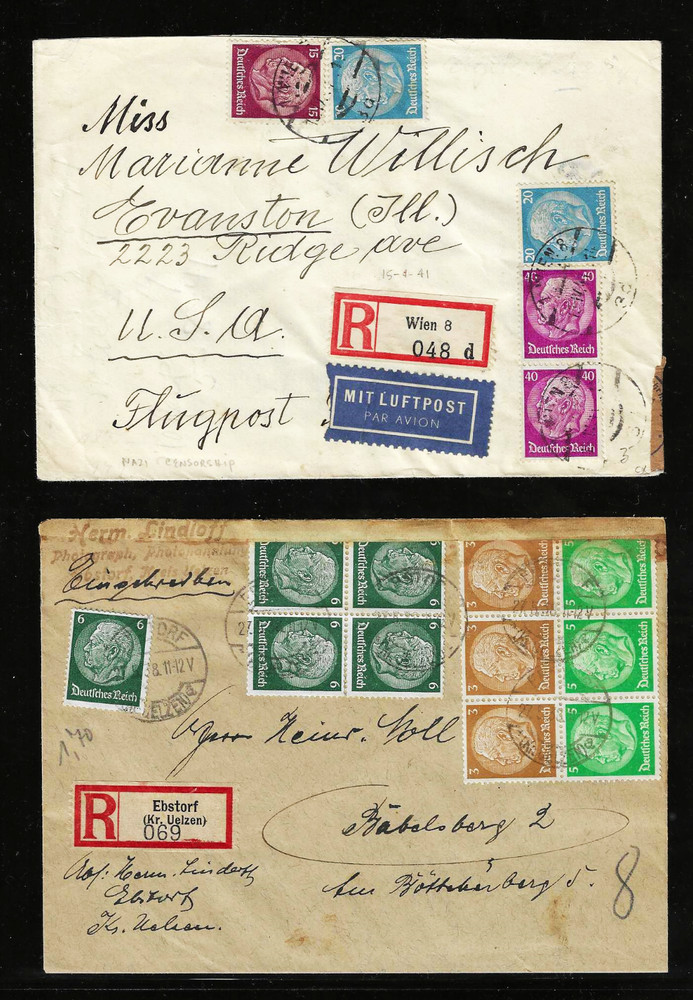 GERMANY 1938-41 2 Registered Used Covers, „Hindenburg Era“ Issues, Clean, Fine