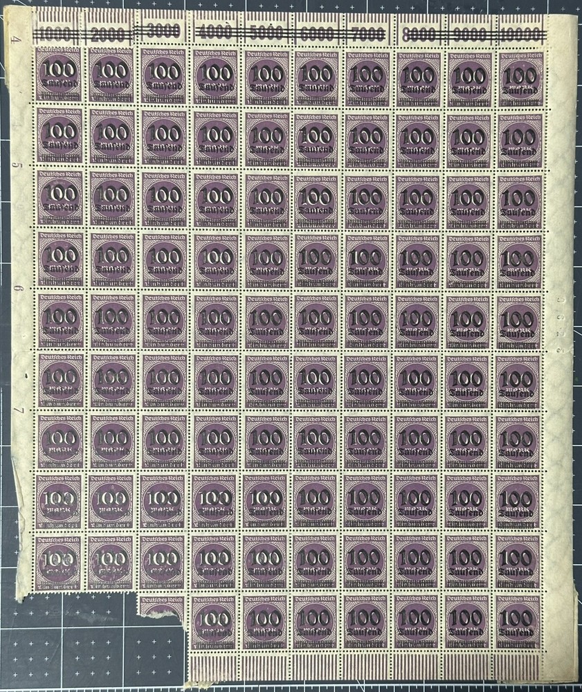 Germany 1923 MNH Sheet Of 97 Overprint 100K over 100Mk Scott #253