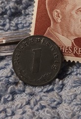 1941 German penny ~ 1 Pfenning ~ km#97 , WW2 Germany ~ + 60 pf. Stamp