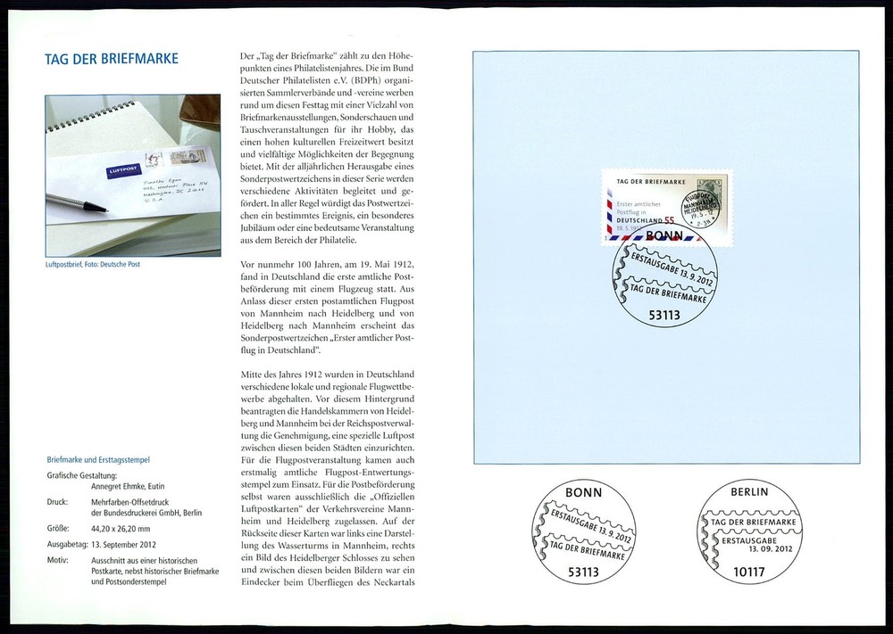GERMANY FOLDER 2012/38 TAG DER BRIEFMARKE 1. AMTLICHER POSTFLUG LUFTFAHRT