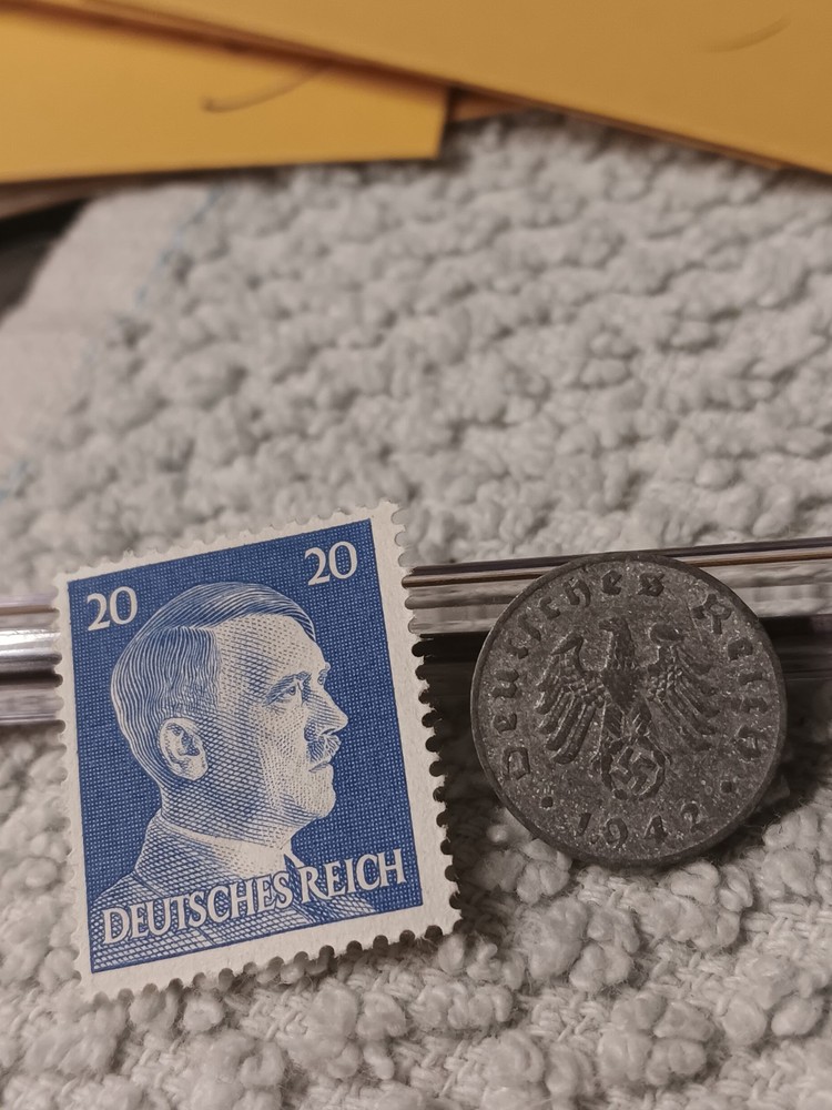 1942 German penny ~ 1 Pfenning ~ km#97 , WW2 Germany ~ + blue Stamp