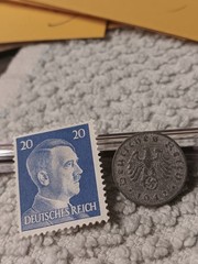 1942 German penny ~ 1 Pfenning ~ km#97 , WW2 Germany ~ + blue Stamp