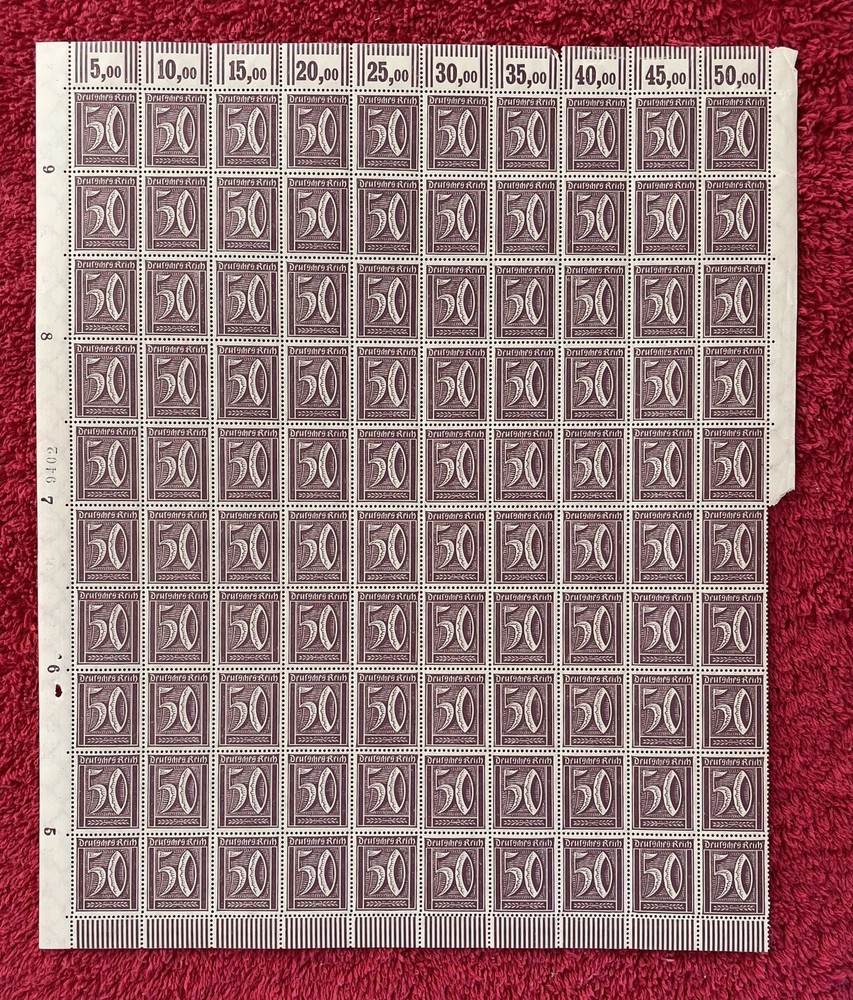 Germany #143, 50pfennig Pre-Hyperinflation Mint sheet/100, pl#9402 (R12-107/2)