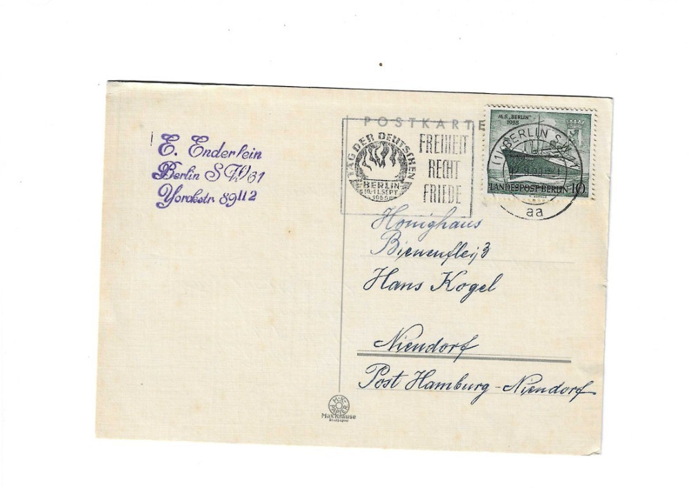 GERMANY 1955 Post Card sent from Berlin to Niendorf – Slogan cancel