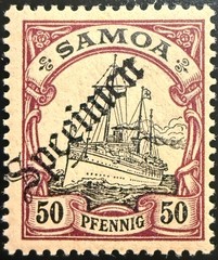 1900 Somoa 50 Pfennig Yacht Issue Cv$500