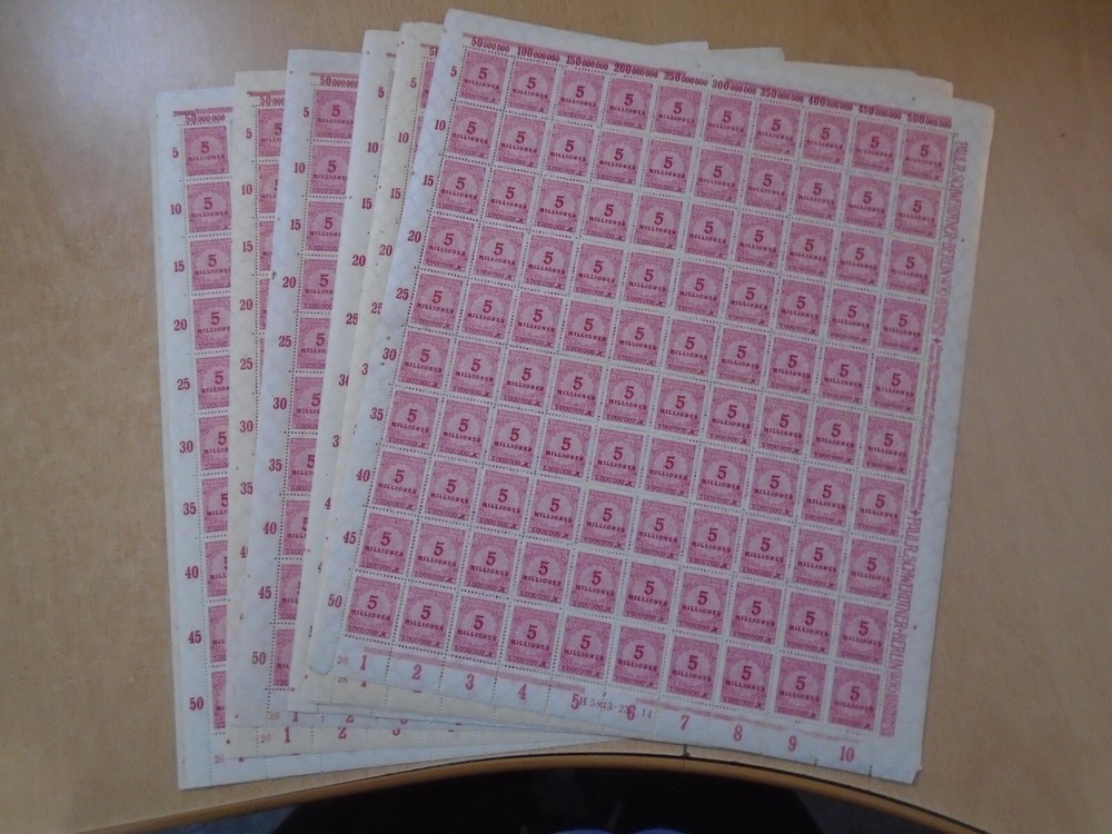 Germany – SG319 5M DM 1923 carmine. 10 x complete sheets of 100 stamps. MNH.