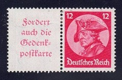 Germany – 1933 ZdMiNr W45, A4 label se-tenant with 12pf Frederick the Great, MNH