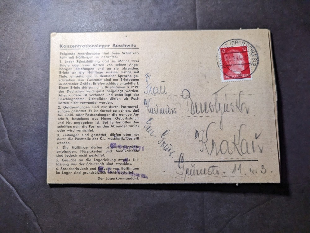 1943 Germany Concentration Camp Folded Letter Cover Auschwitz to Krakau Poland