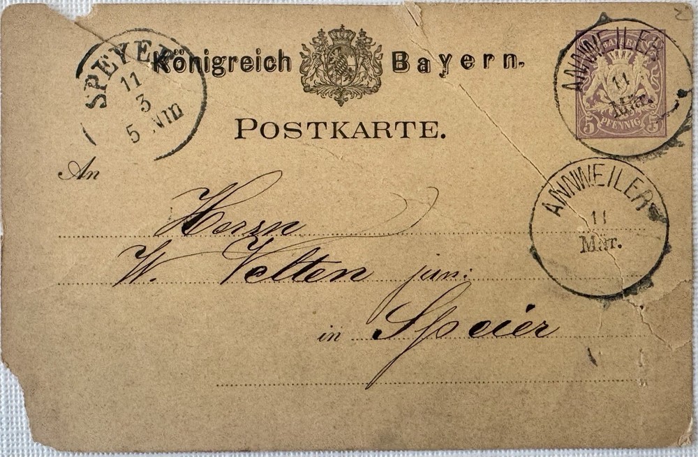 1880 Bavaria Postal Card Annweiler Speyer Scott UX3 Rose Order Pfalz