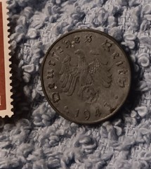 1943 German 10 Pfenning ~ km#101 , WW2 Germany ~ + 60pf. Stamp