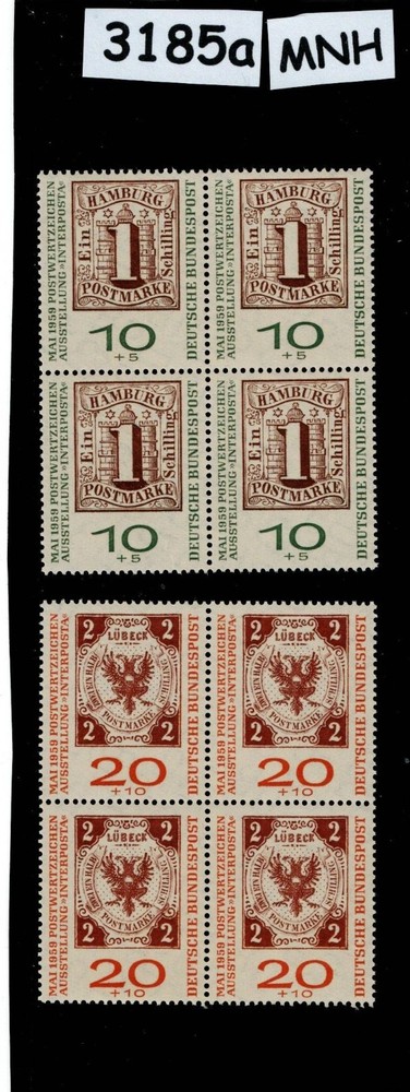 MNH stamp block B366-367 Bundespost 1959 Hamburg & Lubeck Germany #3185a