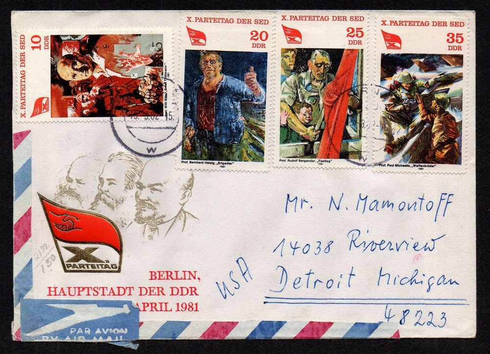 GERMANY DDR, SCOTT # 2172-2175, AIRMAIL YEAR 1981 COVER TO USA, DETROIT MICHIGAN
