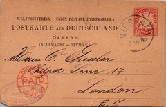 1888 Bavaria 10pf Postal Stationery Card Miesbach to London UK Paid UPU Cover