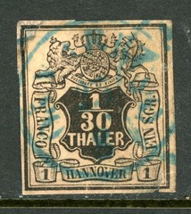 Germany States 1850 Hannover 1/30 T/1 ggr Black on Salmon Imperf Sc #3 VFU X157