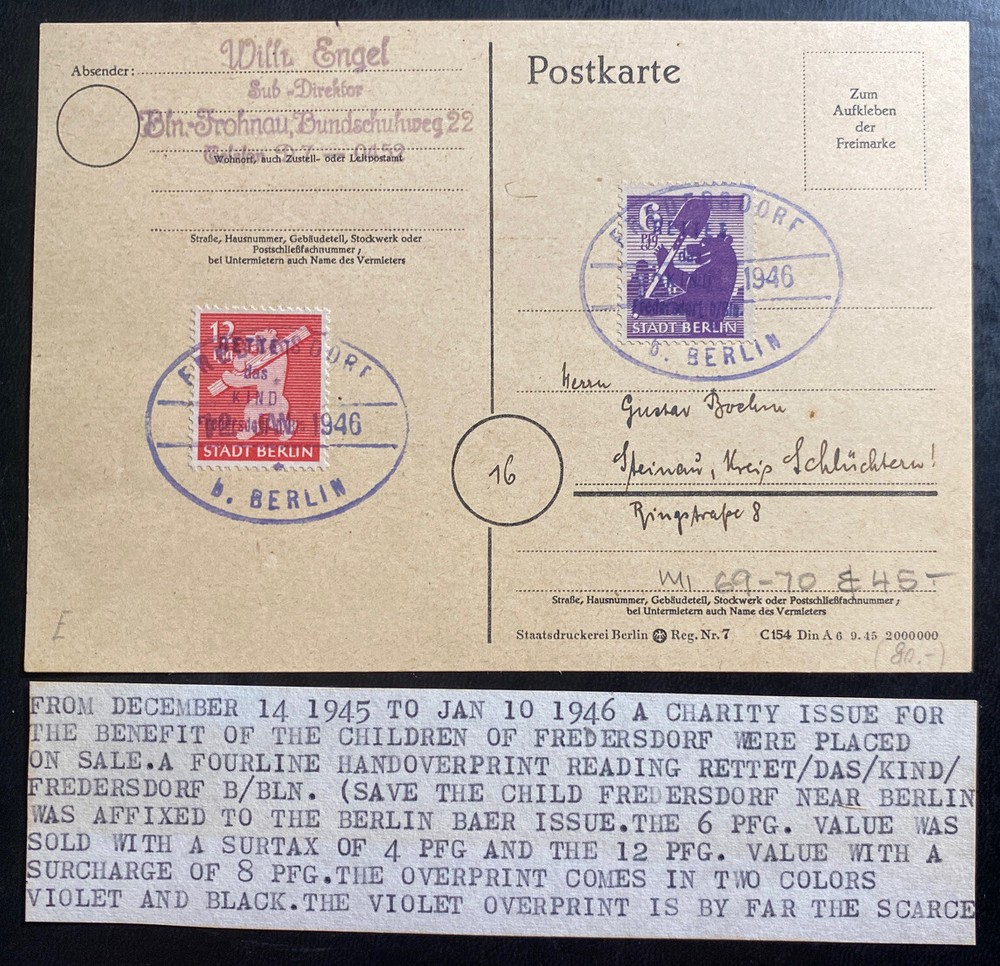 1946 Berlin Germany Postcard Cover Post WW2 Fredersdorf Charity Issue Cancel