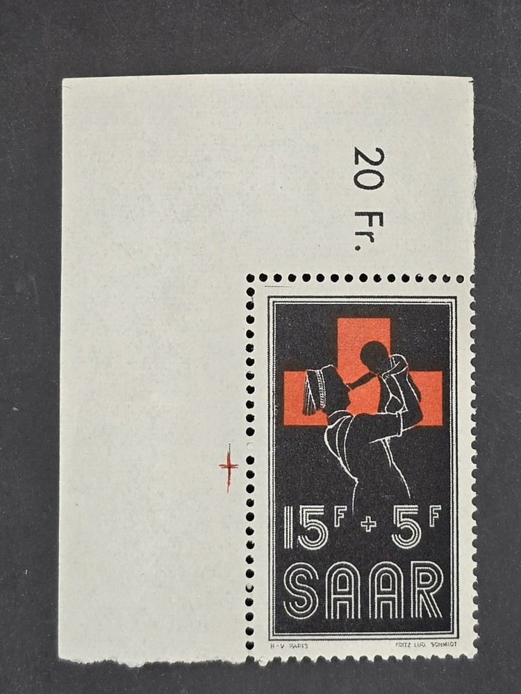 Saar 1950 Red Cross Semi-Postal Stamp 15F+5F – Large Margin with „20 Fr.“
