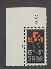 Saar 1950 Red Cross Semi-Postal Stamp 15F+5F – Large Margin with „20 Fr.“