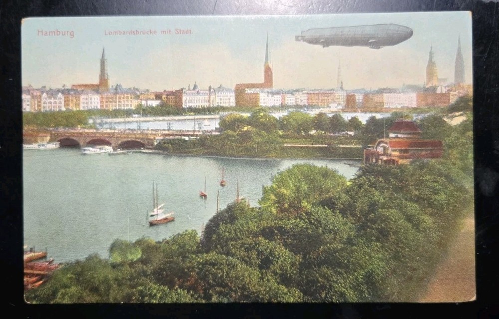 Germany 1910’s Zeppelin Over Hamburg Vintage Airship Postcard