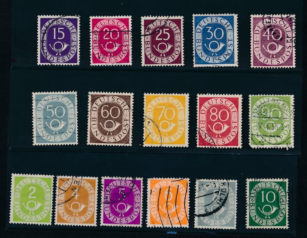 Germany „NUMERALS & POST HORN (1951-52“) #670 – 685 COMPLETE; CV $41