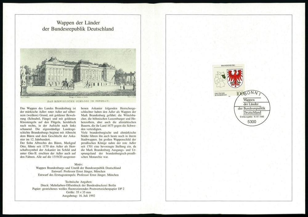 GERMANY FOLDER 1992/29 WAPPEN BLAZON BRANDENBURG