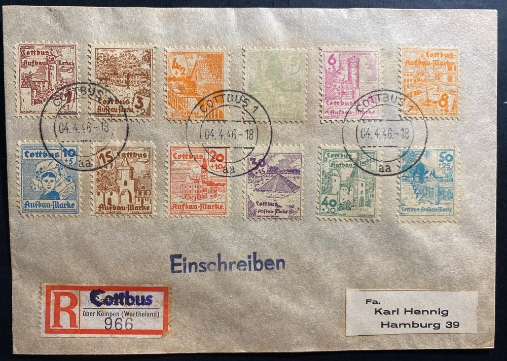 1946 Cottbus Germany Local Stamp issue Set Post War Cover To Hamburg