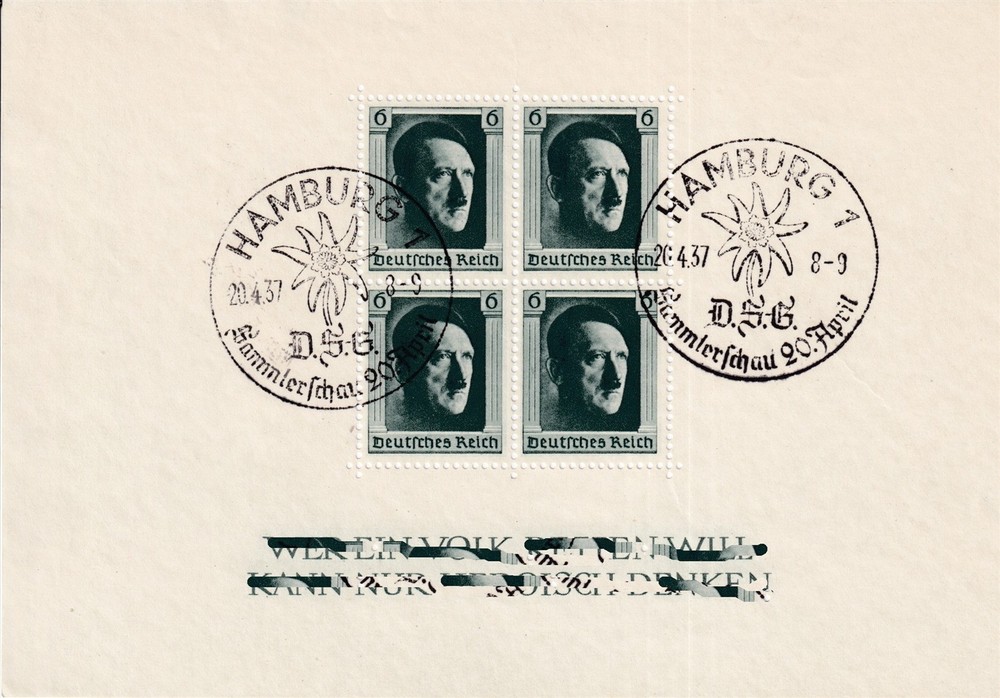 Stamp Germany Mi 646 Sc B102a Sheet 1937 3rd Reich Adolf Hitler Hamburg CTO