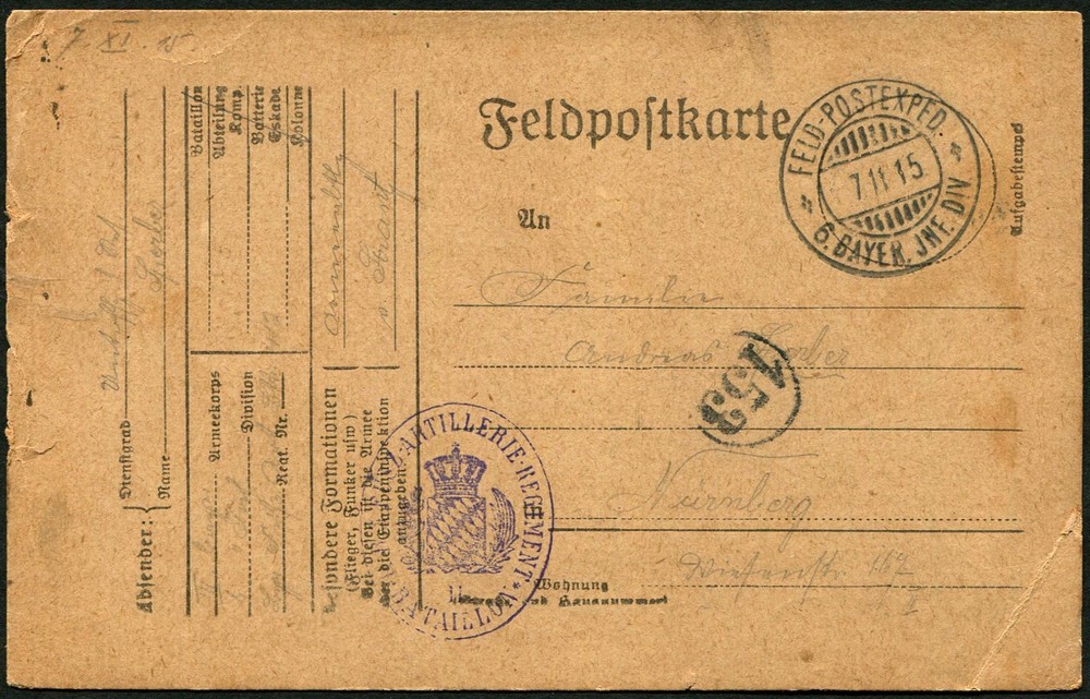 Germany Bavarian Infantry Division Feldpost Card to Nürnberg 1915 WWI Europe