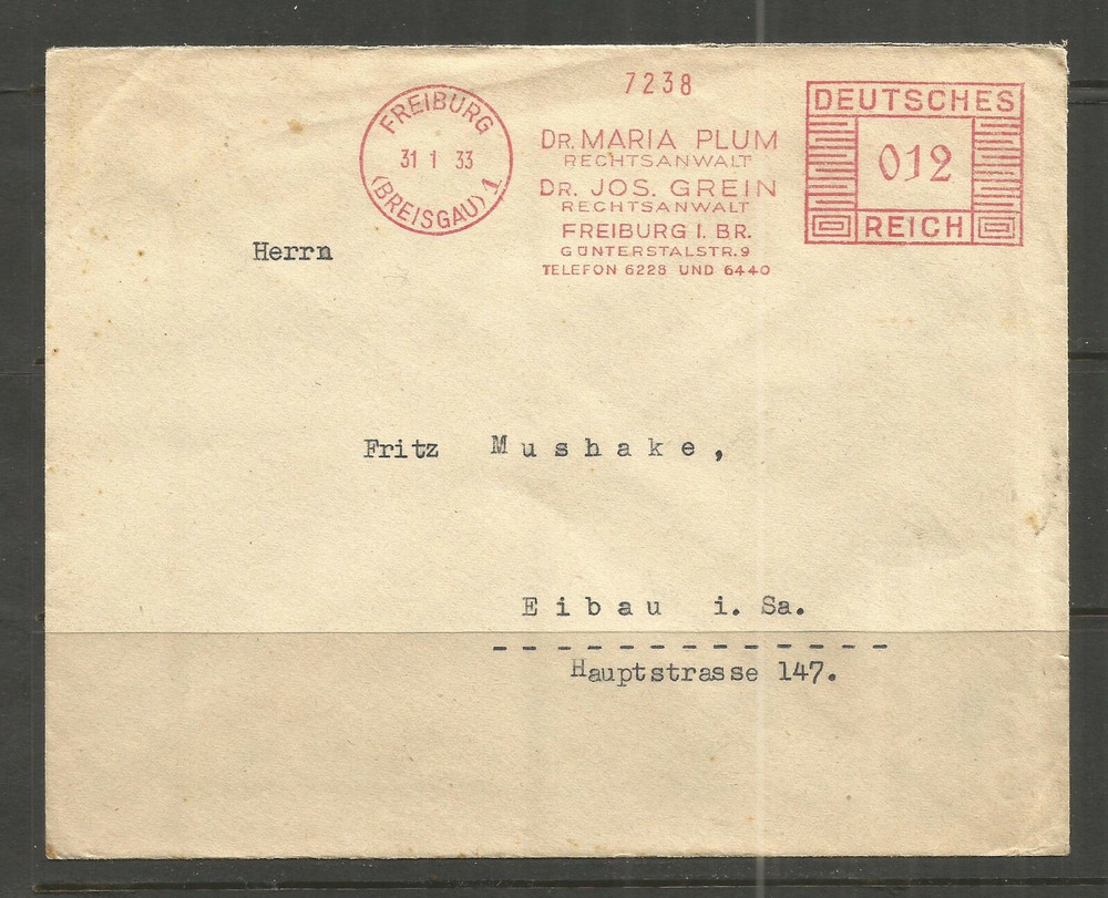 ⭐OSBURGH – GERMANY. 1933. COVER. FREIBURG. DR MARIA PLUM RED MACHINE CANCEL