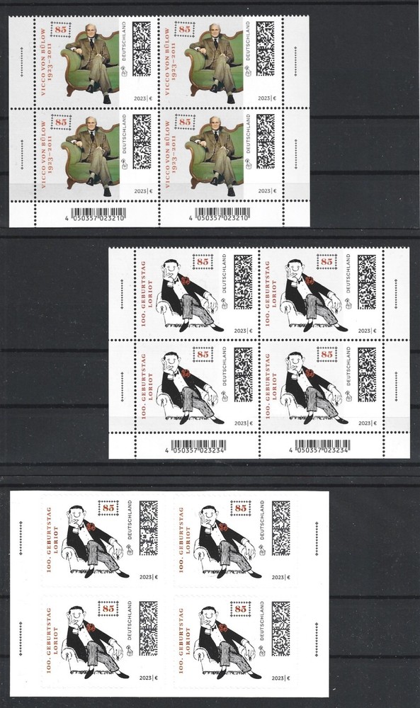 Germany November 2023 Loriot Cartoons, Comics Complete Set in Blocks of 4 MNH