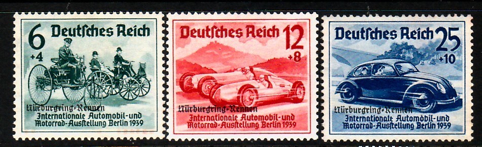 GERMANY Sc B141-3 NH ISSUE OF 1939 – CAR RACING W/OVERPRINT