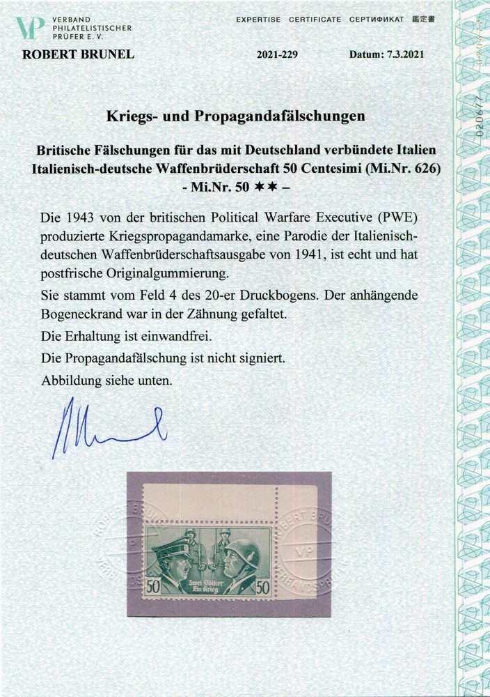 GERMANY 3rd REICH PROPAGANDA FORGERY HITLER MUSSOLINI PERFECT MNH BRUNEL CERT