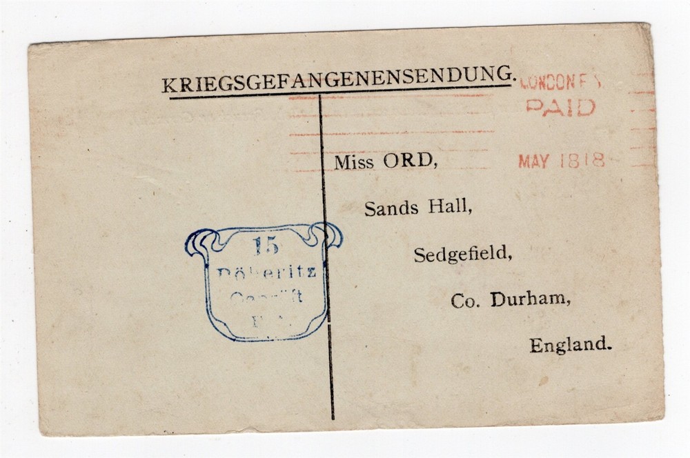 DOEBERITZ GERMANY WW I SERBIA POW CARD CENSORED TO SEDGEFIELD ENGLAND 1918
