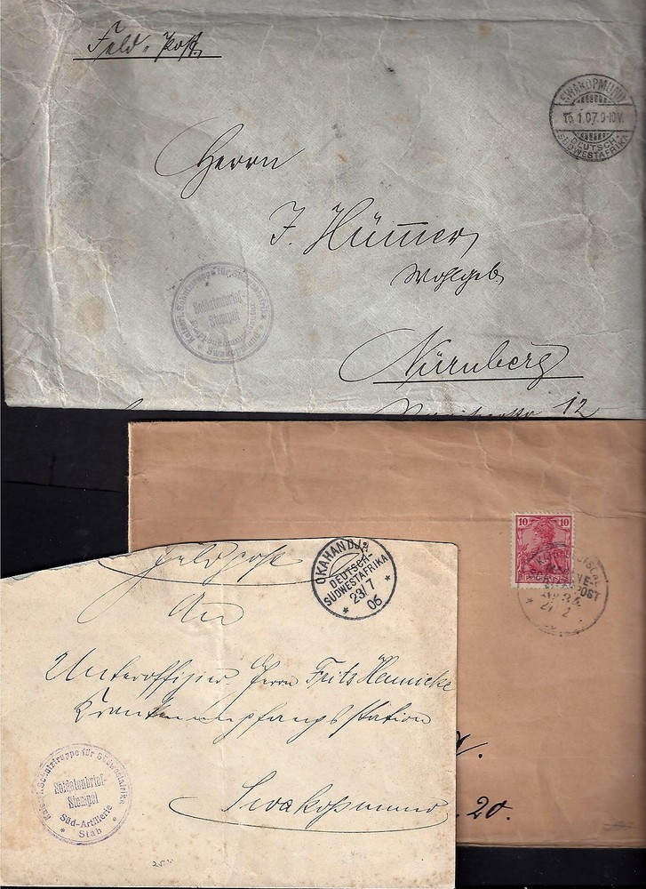 GERMANY 1903 7 THREE COVERS DEUTSH SUDWEST AFRIKA TWO FROM SWAKOPMUND & OKAHANDJ