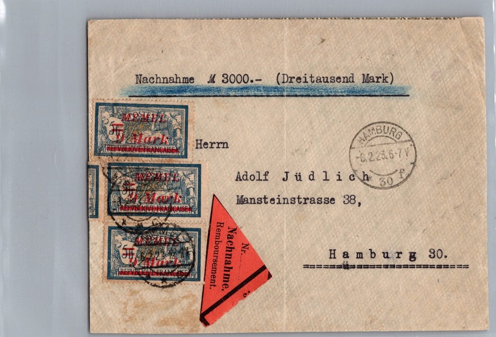 1923 Germany Territory Memel Stamp local Mail Cover to Hamburg