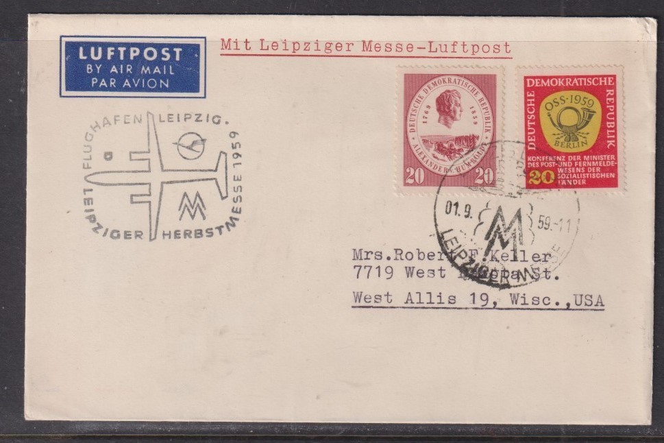 Germany 1959 Leipzig to Wisconsin Flight Cover