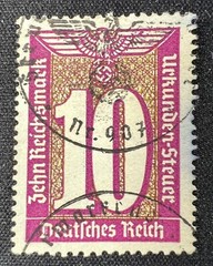 1930s German Document Tax Stamp 10 RM Urkundensteuer Violet Nazi Eagle Cancel